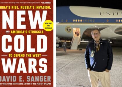Two panel image with cover of book, "New Cold Wars," written by David Sanger; the panel on the right is a photo of author David Sanger standing on the tarmac in front of an airplane looking at the camera.
