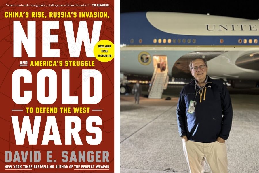 Two panel image with cover of book, "New Cold Wars," written by David Sanger; the panel on the right is a photo of author David Sanger standing on the tarmac in front of an airplane looking at the camera.