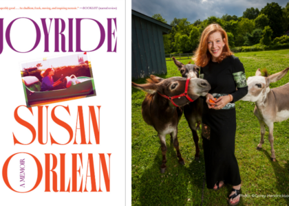 Susan Orlean in long dress between two donkeys and smiling at camera with cover of book Joyride in the left panel