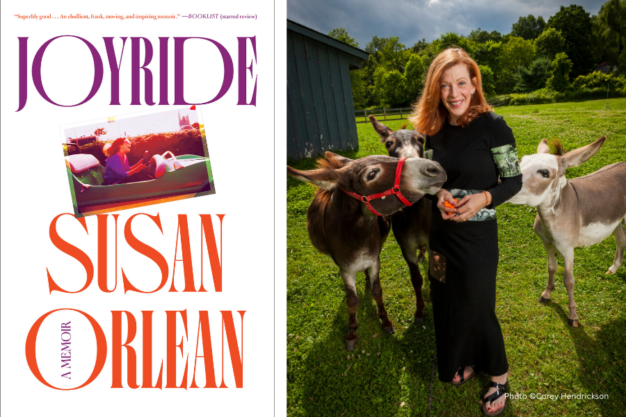 Susan Orlean in long dress between two donkeys and smiling at camera with cover of book Joyride in the left panel