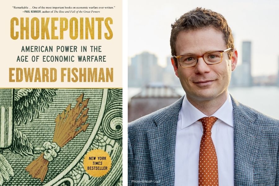 Two-panel image; left side with the book Chokepoints by Author Edward Fishman; the right panel is a portrait of the author in a suit looking at the camera
