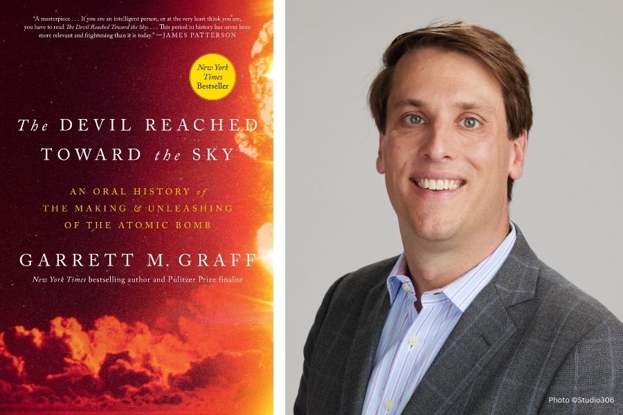 Two-panel photo with cover of "The Devil Reached Toward the Sky" by Garrett Graff; and the right panel with a portrait of Graff looking at camera and smiling.