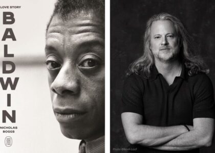 Two-frame picture with Nicholas Boggs' book, Baldwin on the left, and a portrait of author Nicholas Boggs standing with arms crossed, looking at camera on the right