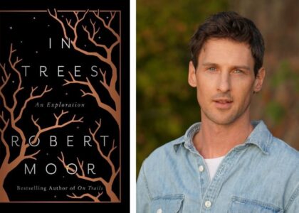 Two-panel image with novel, "The Trees" by Robert Moor on the left, and portrait of Robert Moor outside, smiling at camera on right