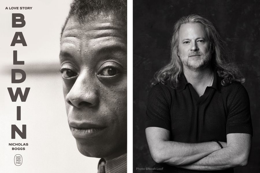 Two-frame picture with Nicholas Boggs' book, Baldwin on the left, and a portrait of author Nicholas Boggs standing with arms crossed, looking at camera on the right