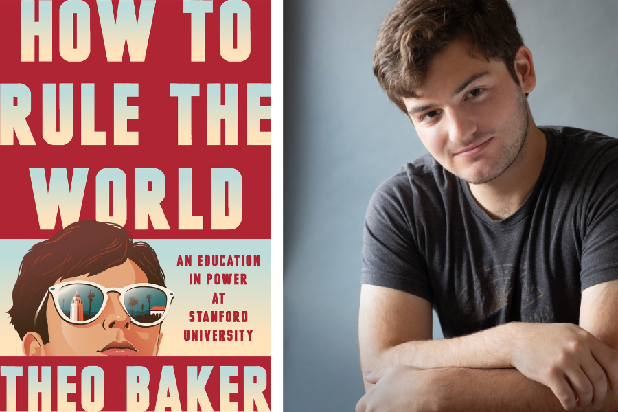 Author Theo Baker looking at camera with arms folded with panel on left featuring his debut book, How to Rule the World