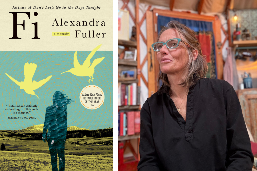 Alexandra Fuller looking at a diagonal in with bookshelves in the background in the right panel and in the left panel the cover of her book, Fi, a memoir
