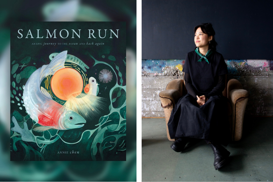 Annie Chen, Author and Illustrator with her book, Salmon Run